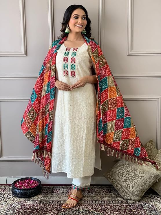 Image of Preeson Women's Pure Cotton Chikankari Emrboidery Kurti With Pant And Dupatta Set