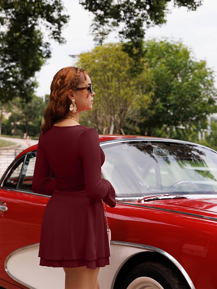 XXTAXN Women's Sexy Wrap V Neck Long Sleeve Flowy Hem A Line Ruched Waist Corest Mini Dress - Image 9