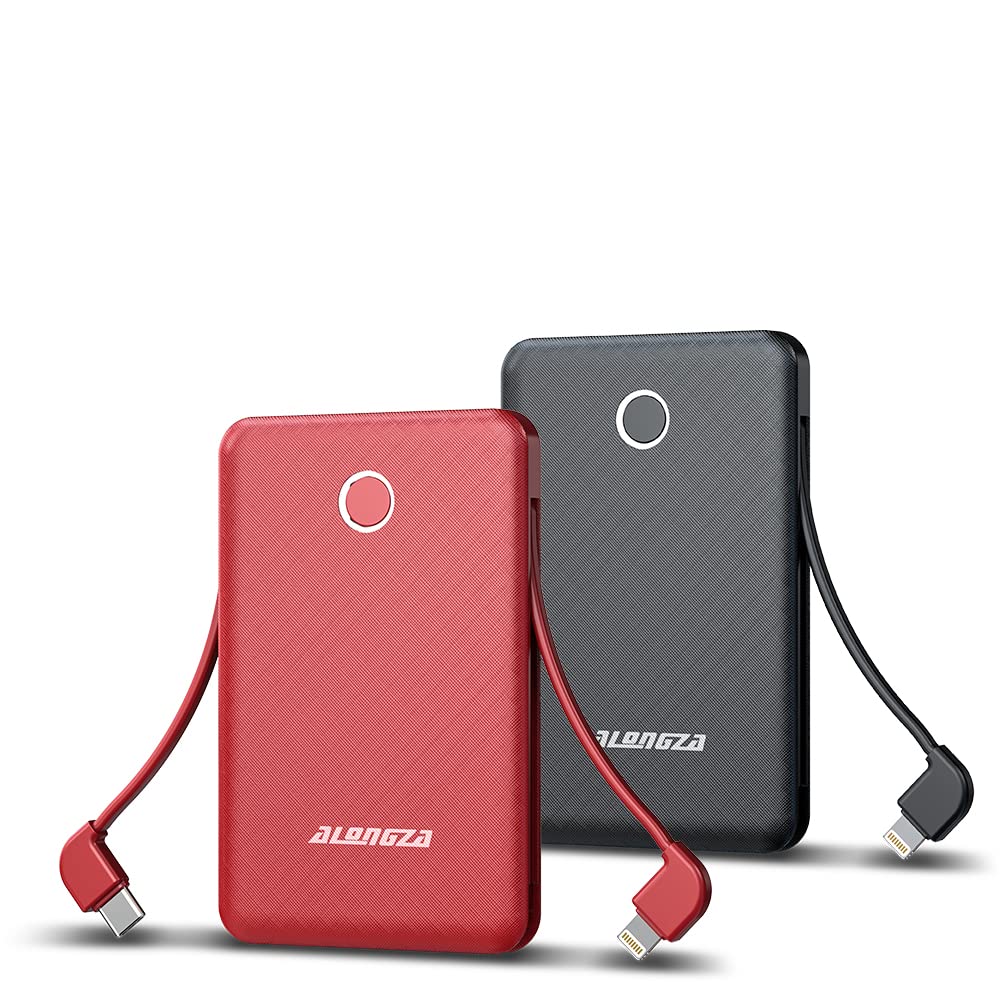 Alongza 2 Pack Small Lightweight Power Bank 6000mah Built in Cable Portable Charger Mini USB Battery Pack External Cell Phone Charger for iPhones and Android