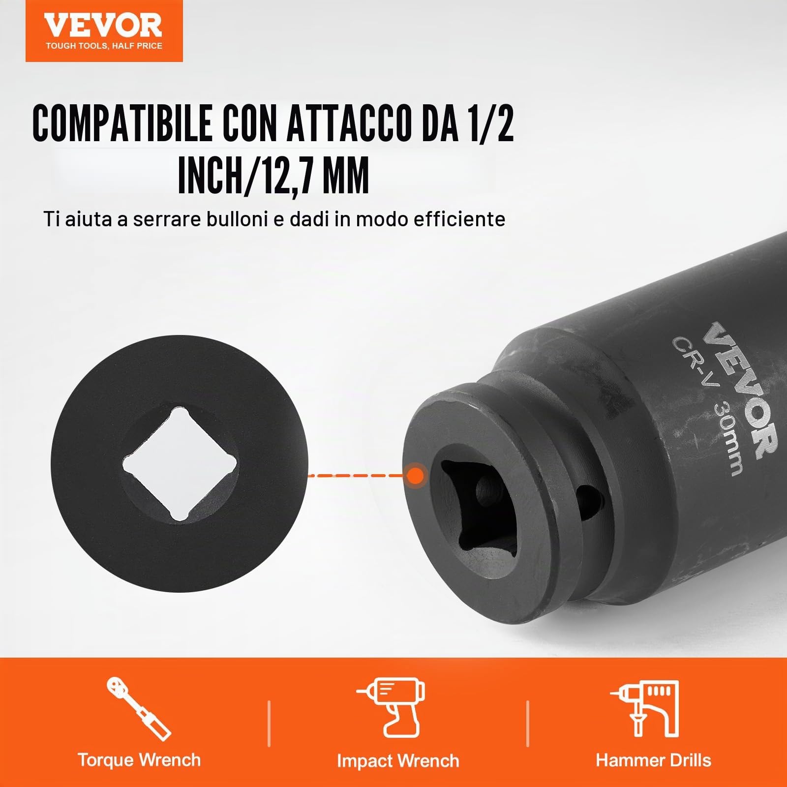 VEVOR Set di chiavi a bussola per dadi dell'asse, attacco da 1/2", profondità 6+12 punti, 14 pezzi, chiavi a bussola metriche CR-V, trattate termicamente, con custodia per riparazione, rimozione o