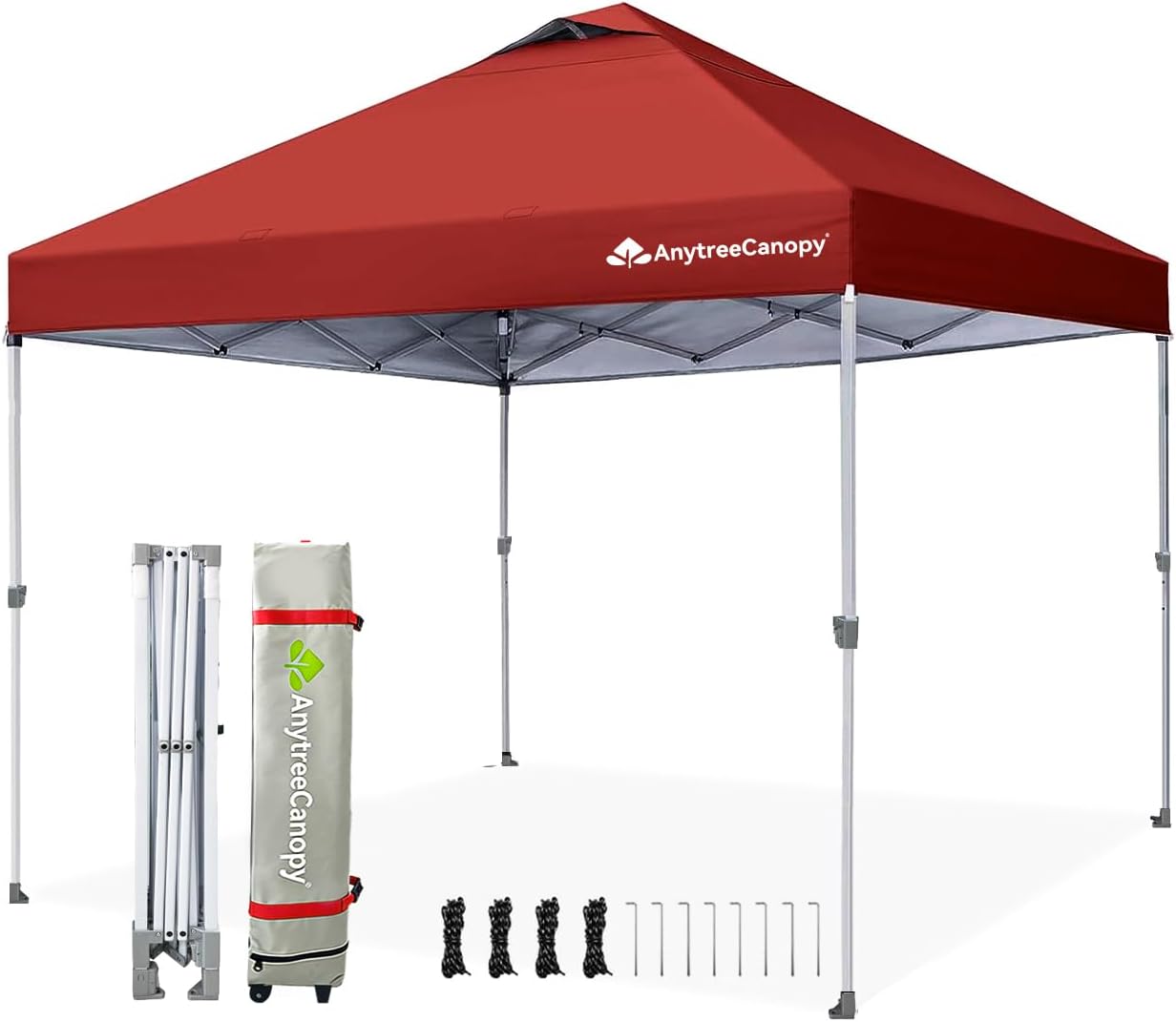Anytee-10x10 Pop Up Canopy Tent, Easy Up Waterproof Outdoor Canopy with Wheeled Bag, Sun Shade for Patio, Backyard, Parties, Camping-Red Ventilated