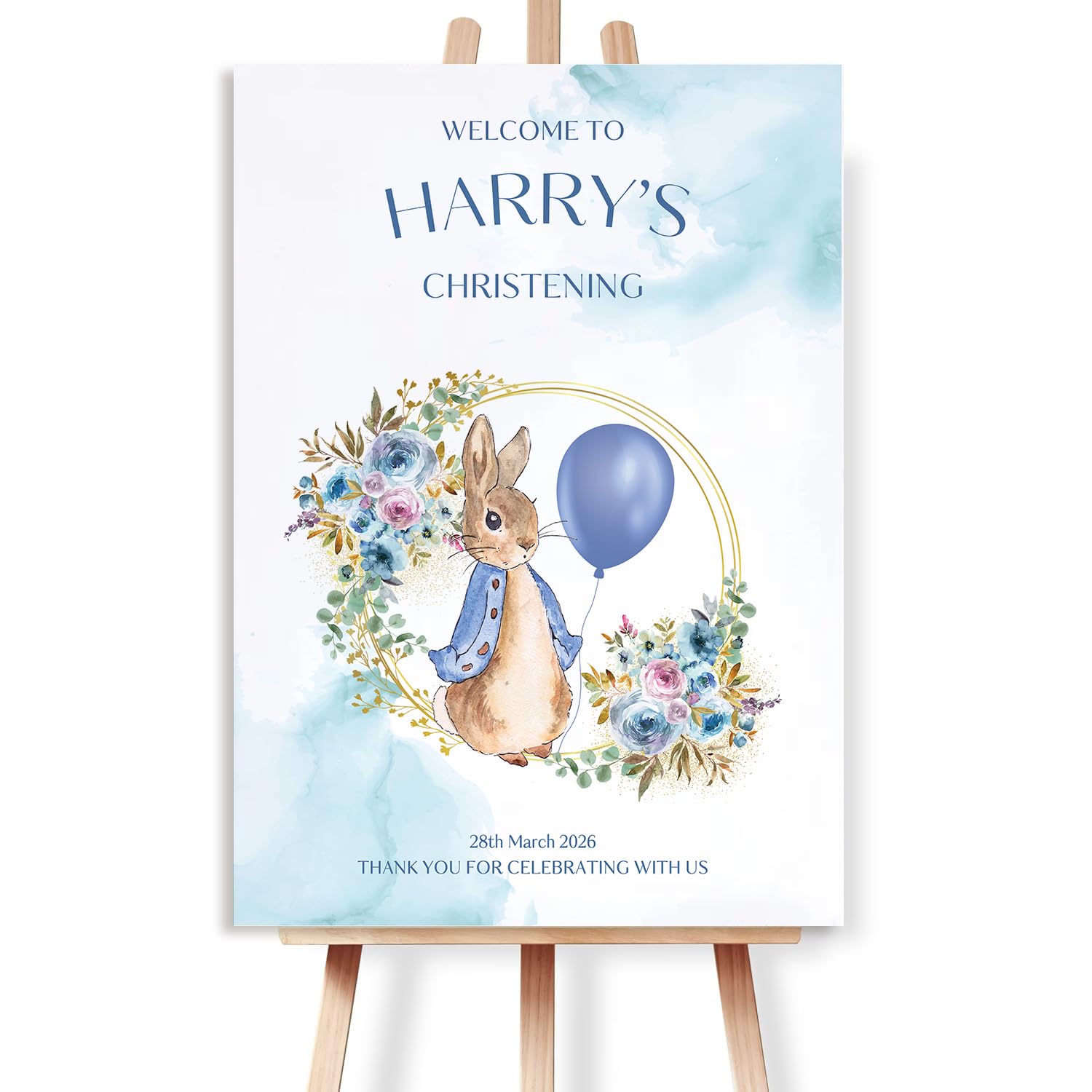 Blue Peter Rabbit Welcome Sign, Christening Decorations - Blue Bunny Baptism Table Sign, Boy's 1st Birthday Party Sign, A4, A3, A2, A1, Foamboard