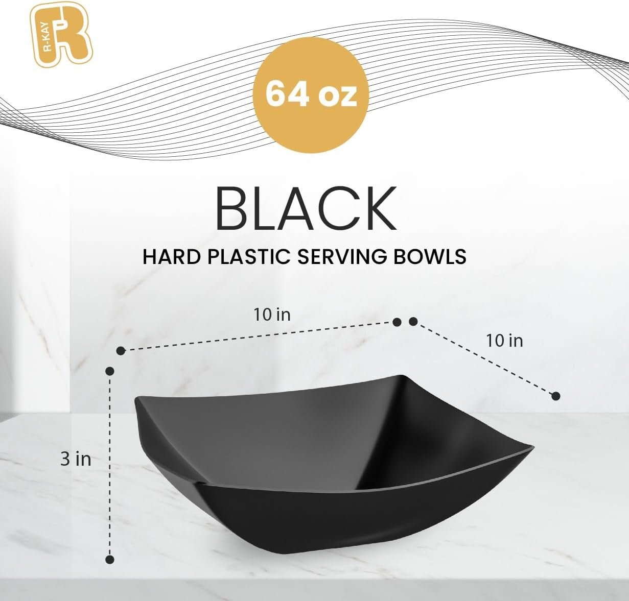 R-kay 6 Pack Square Plastic Black Serving Bowls - Black Plastic bowls 64 Oz - Salad Bowls Large Serving - Premium Heavy Duty For Weddings Catering And Birthday parties image 3