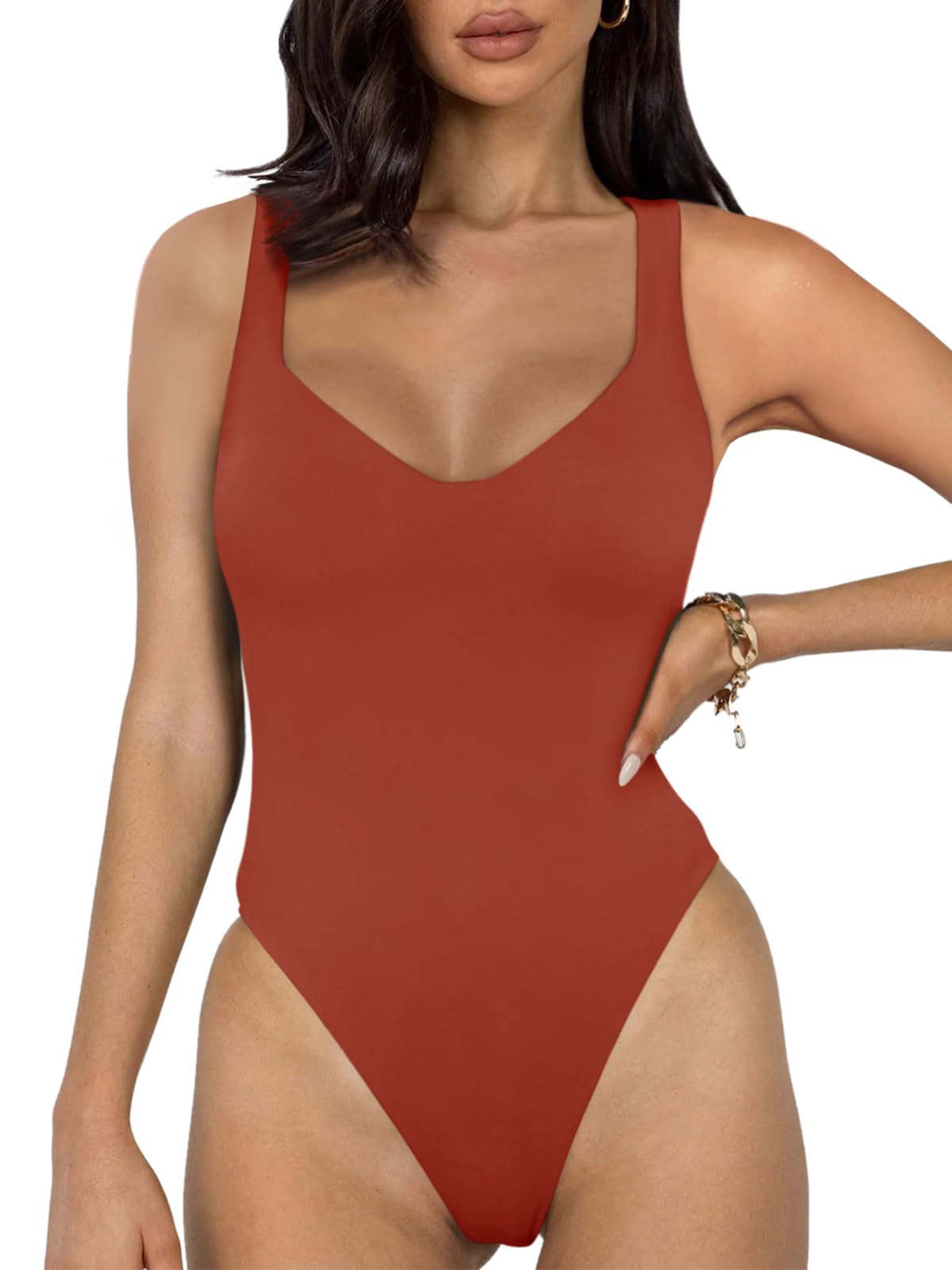 REORIA Women's Sexy V Neck Racer Back Double Lined Sleeveless Slimming Going Out Tank Top Bodysuits small 