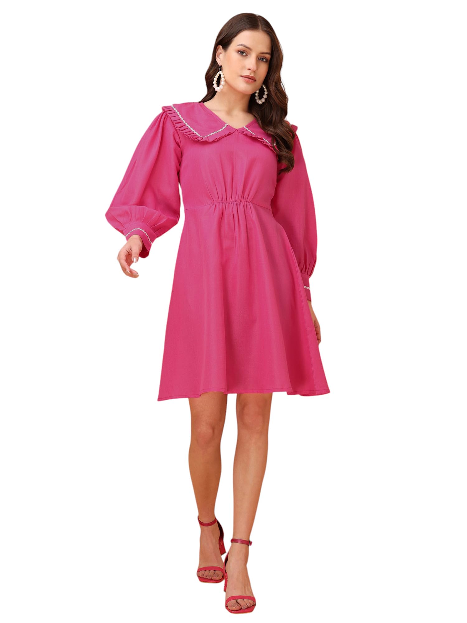 Purvaja Womens V-Neck Fit & Flared Cotton Blend Dress (Floe-039-M_Pink)