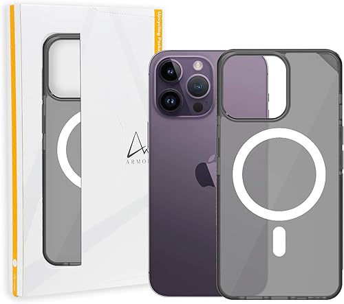 ARMOR Signature - Funda compatible con MagSafe, para iPhone 14 Pro Max (gris cristal con cinta gris)