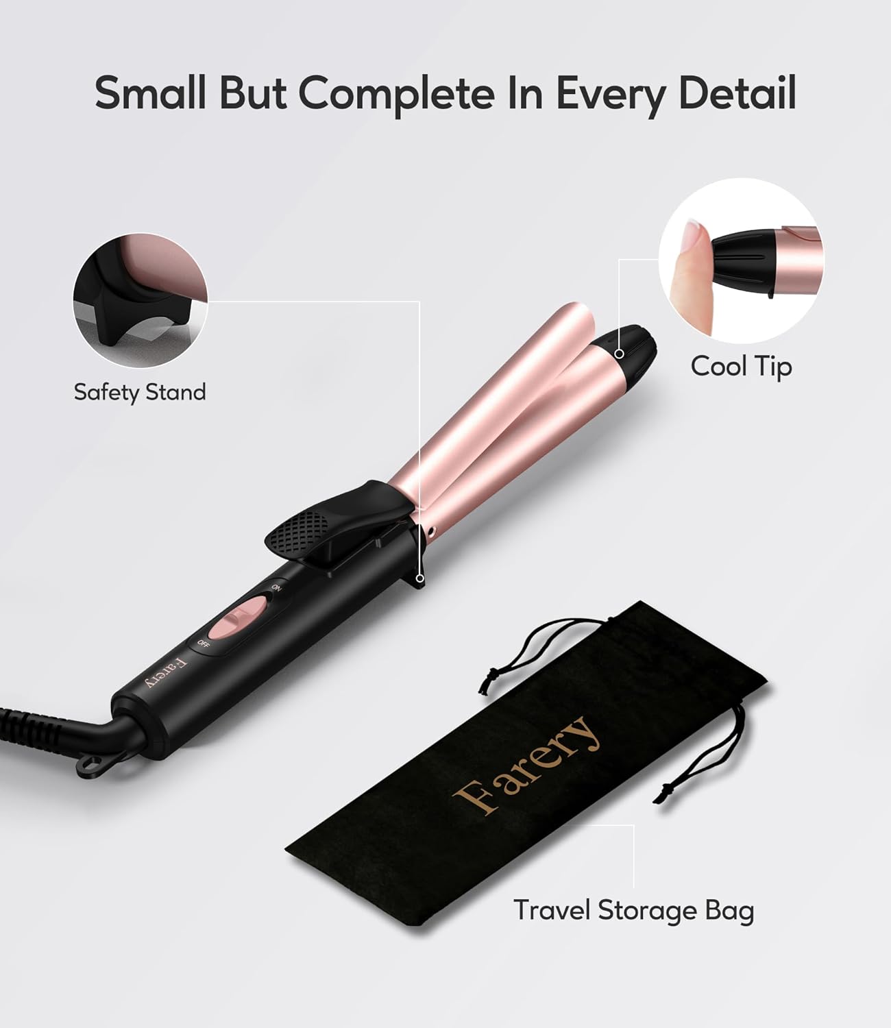 FARERY Ceramic Mini Hair Curler for Short Hair, 3/4 Inch, 100-240V Dual Voltage, Travel Size Curling Iron with Keratin & Argan Oil Infused, Mini Curling Wand with Storage Bag, Rose Gold - Image 6