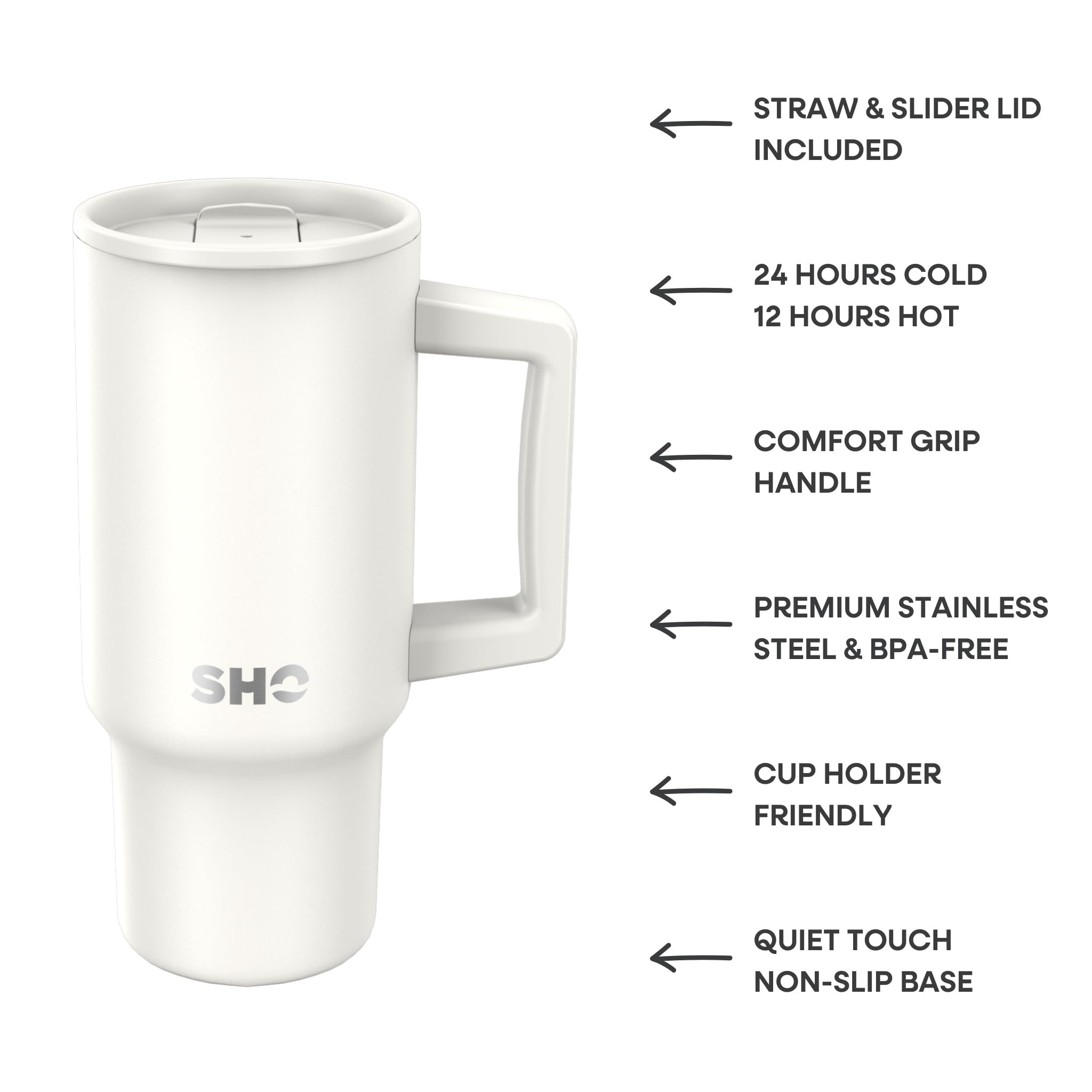 SHO XL Tumbler, Insulated Stainless Steel Reusable Water Bottle Iced Coffee Travel Mug with Handle, Straw Lid & Slider Lid - Image 2