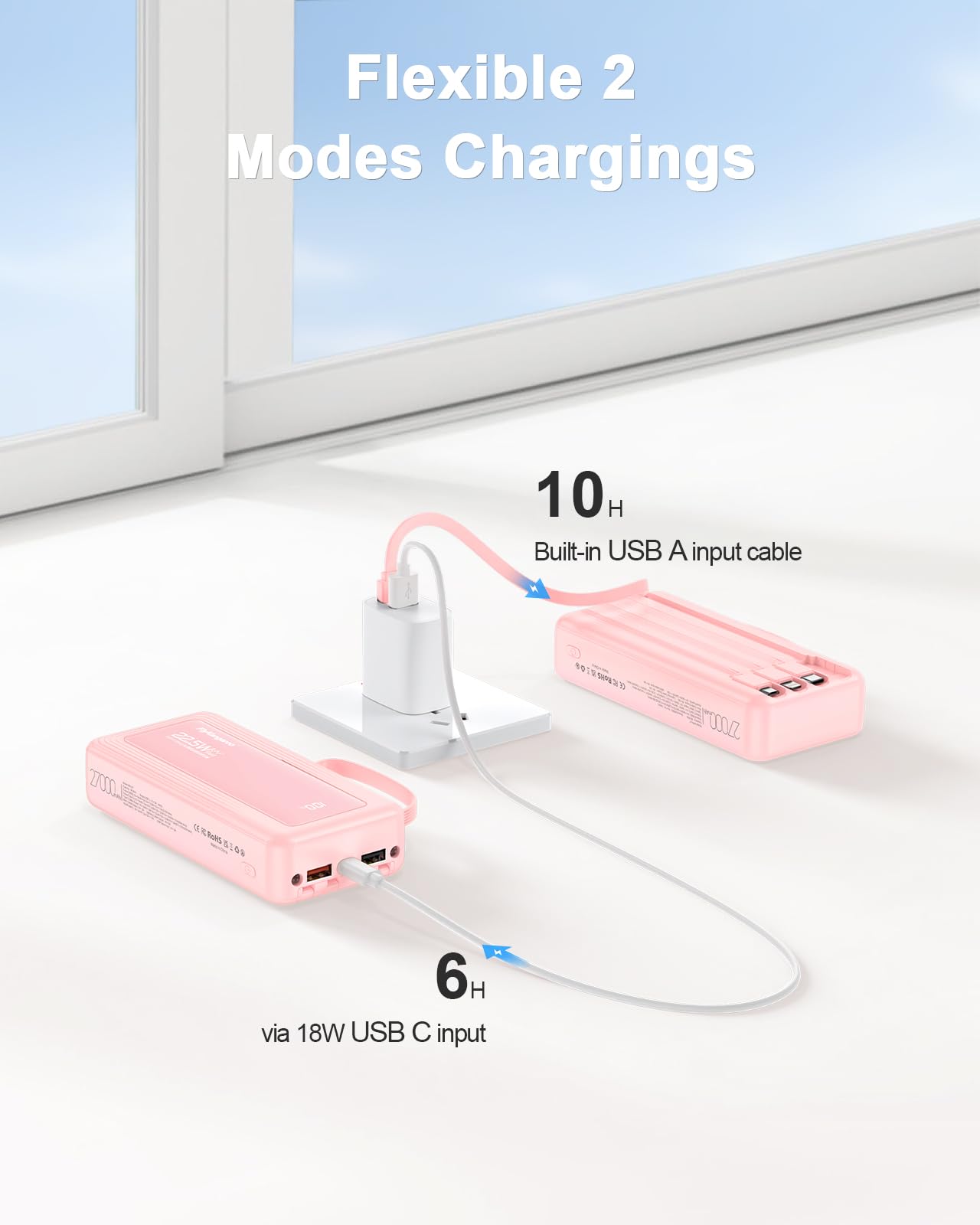 Caricabatterie portatile con cavi integrati, sottile 10000 mAh, ricarica rapida da 22,5 W, USB C, display a LED, 6 uscite e 2 ingressi per iPhone, Samsung, Pixel, LG, Moto, iPad