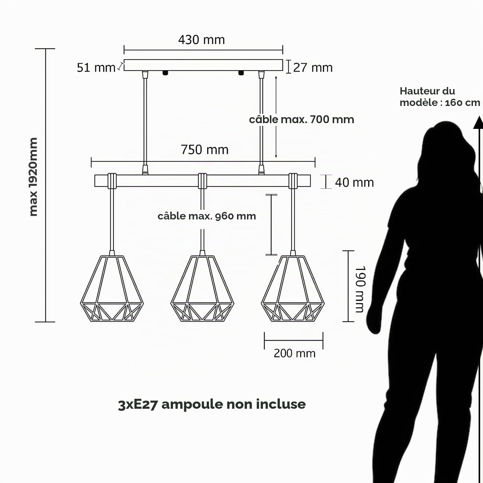 Alpinaluz Suspension linéaire 3 lumières 75 cm en bois naturel avec 3 abat-jour cage en métal blanc, 3x E27, hauteur réglable, style nordique pour îlot de cuisine, salle à manger ou salon