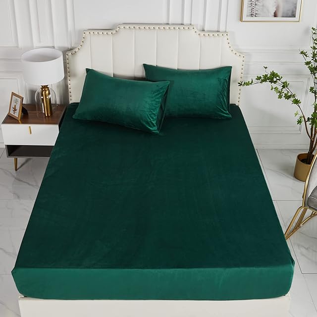 NORCH Dark Green Teddy Fleece Flanell Crushed Velvet Fitted Sheet Double 36cm - Soft Warm Cozy Fluffy Thermal Luxury - Shrinkage and Fade Resistant