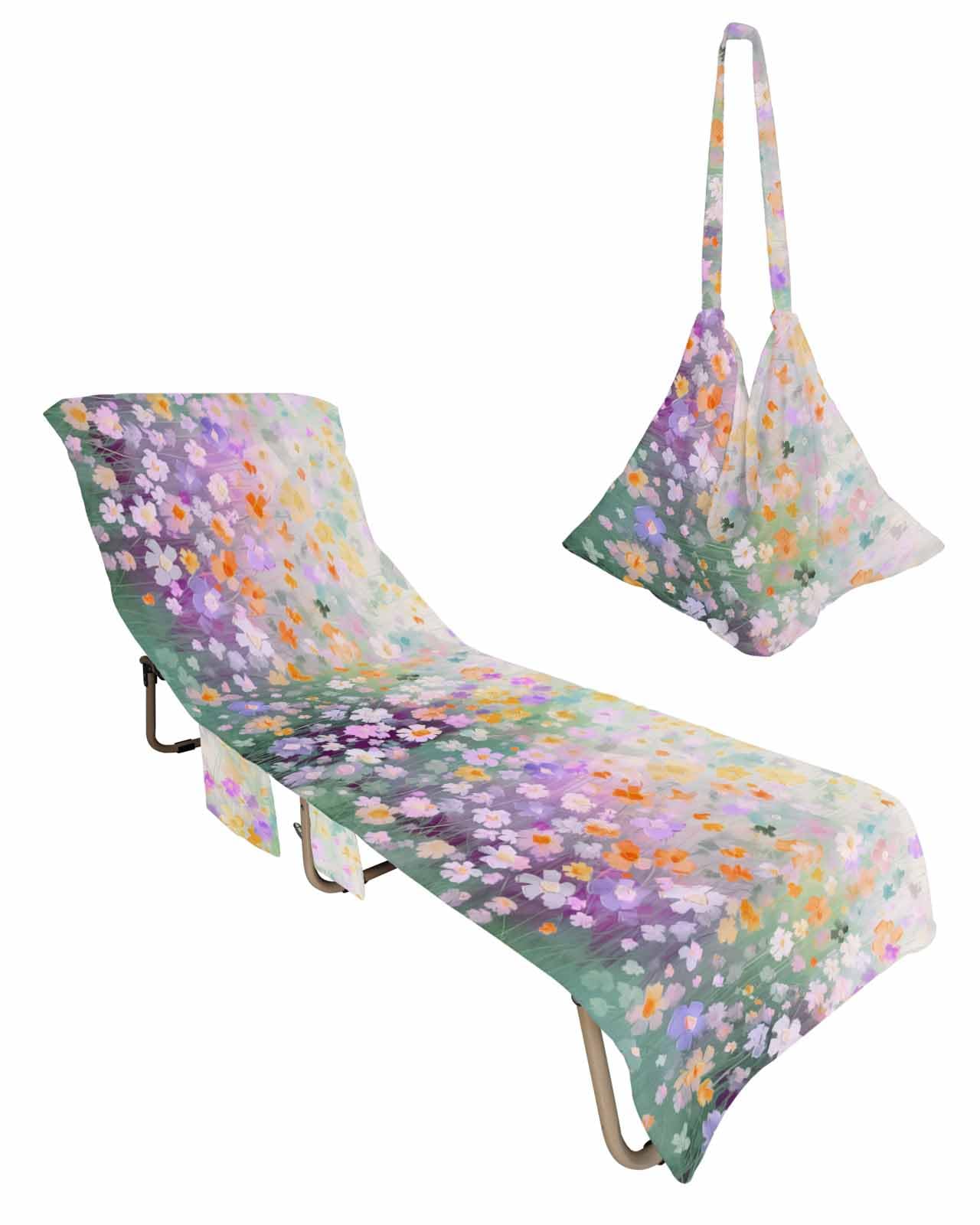 Teal Spring Floral Beach Lounge Chair Towel Cover, Soft Chaise Lounge Towel with Side Pockets Patio Pool Chairs Cover for Beach/Pool Sunbathing 29x85 Modern Oil Painted Daisy Botanical