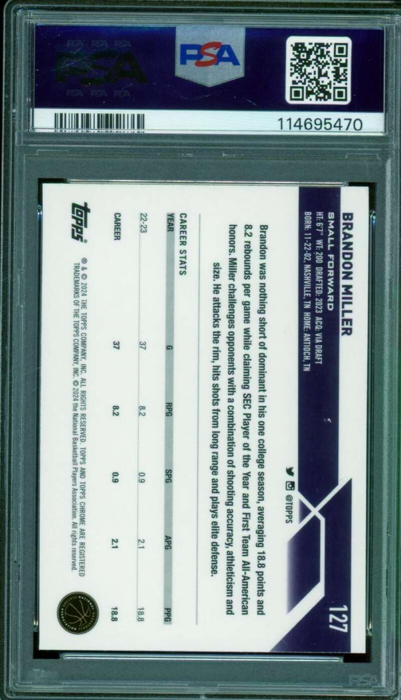 Brandon Miller Rookie 2023-24 Topps Chrome Blue Basketball Refractor #127 PSA 9