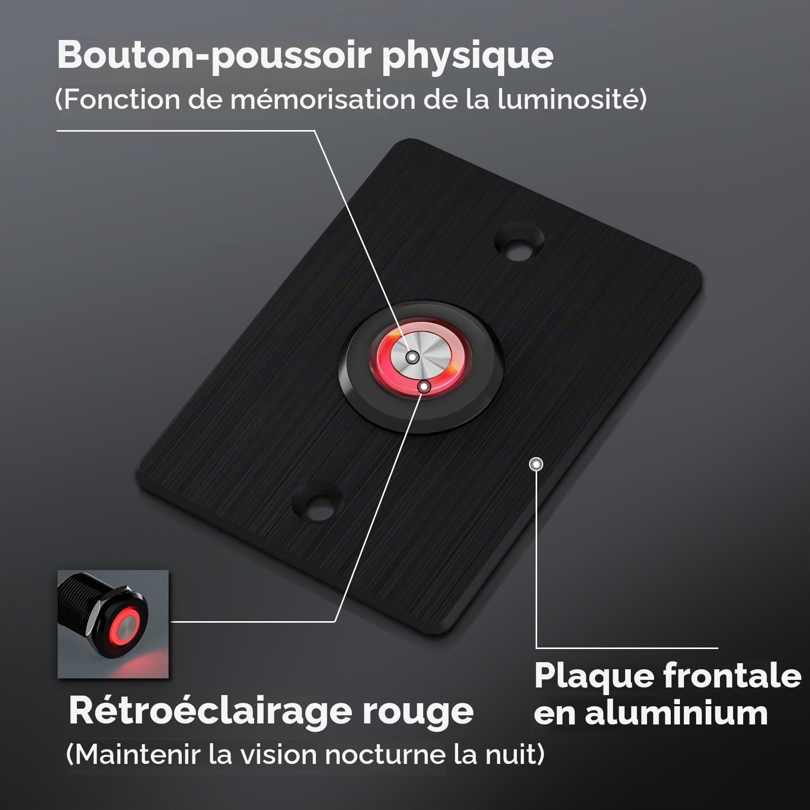 acegoo Interrupteur de gradateur 12V Camping-car bouton-poussoir dimmer avec lumière annulaire rouge pour bateau camion voitures éclairage et bande lumineuse LED, DC12-24V 6A aluminium (Noir)