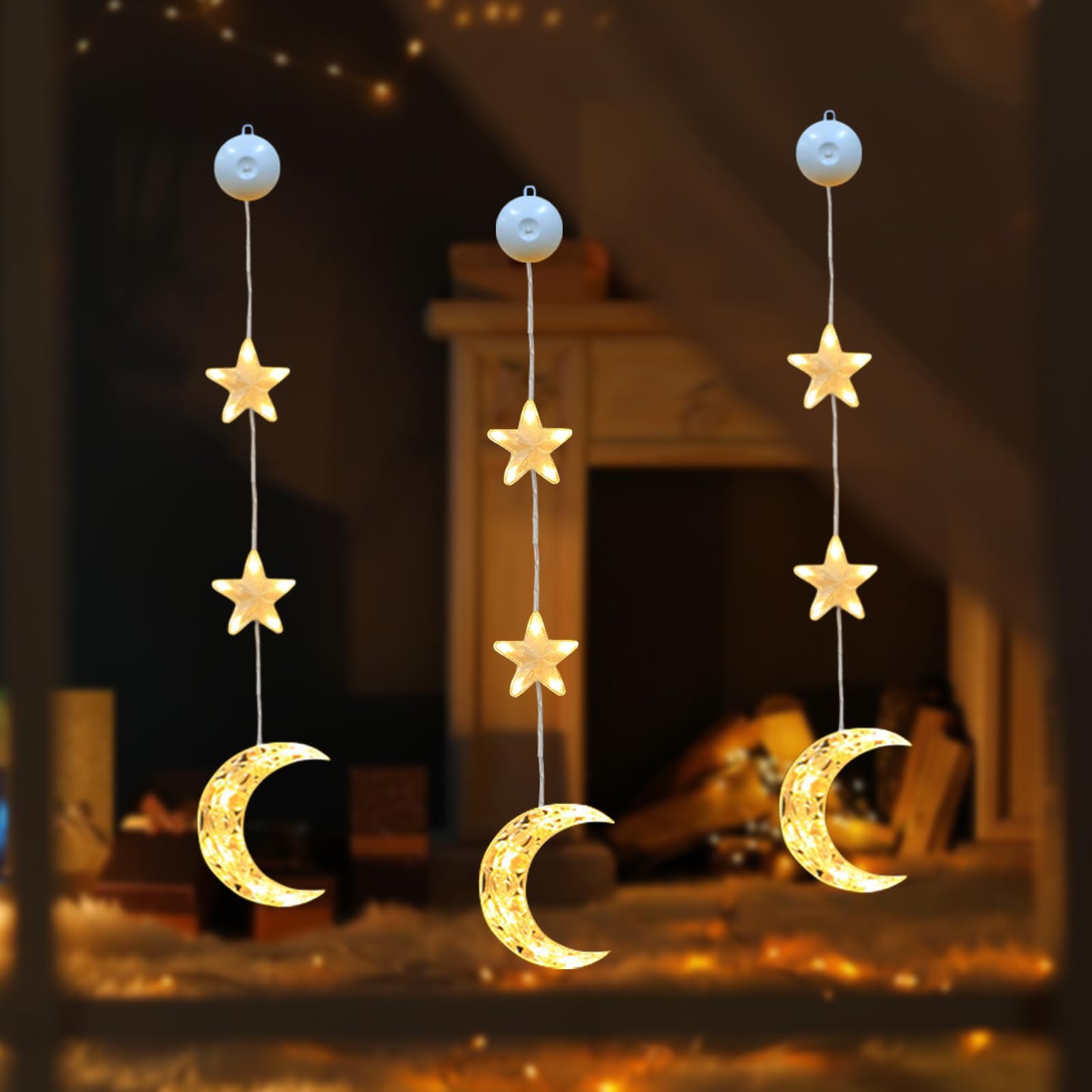Pack of 3 Star Window Lights, LED Hanging Christmas Window Lights with Suction Cups, Battery Operated Christmas Decorations for Indoor Outdoor Xmas Party Garden Bedroom