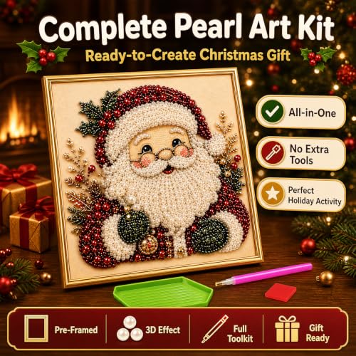 DIY Christmas Pearl Diamond Painting Art Kit with Frame, Christmas Pearl Beads Art Craft for Beginners & Adults, Gemstone Diamond Beads Dots Painting for Home Wall Decor (8 in) by Generic - Used condition - Image 2