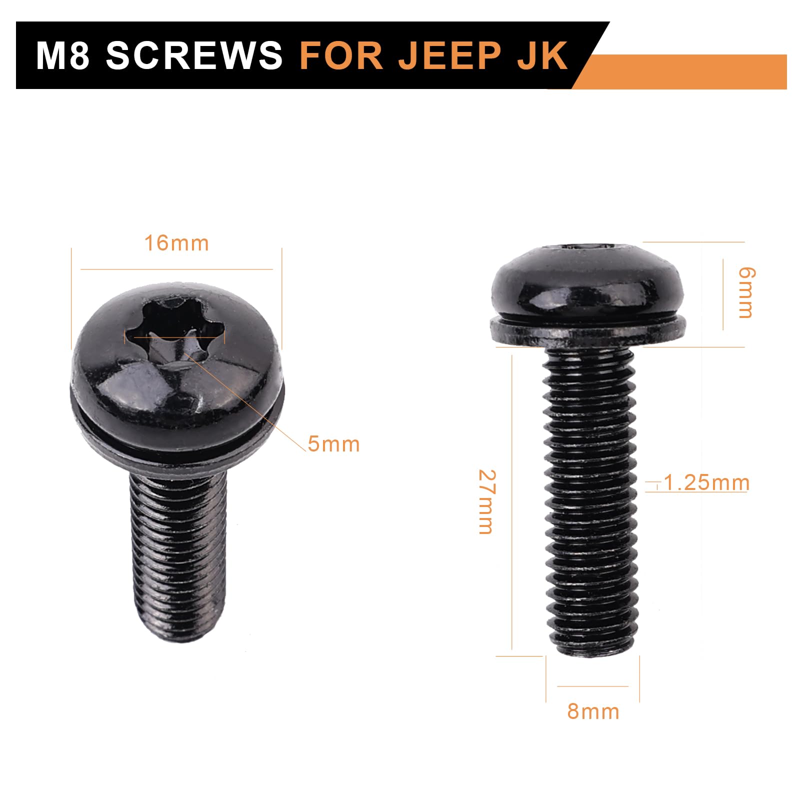 CHENACC Jeep Wrangler JK Screws Bolts M8 x 1.25 Hardtop Bolts for Windshield Frame, Headlight, Hard Door Hinges, Tail Light, LED Light Brackets, Roll Bar,8 PC Jeep Bolt