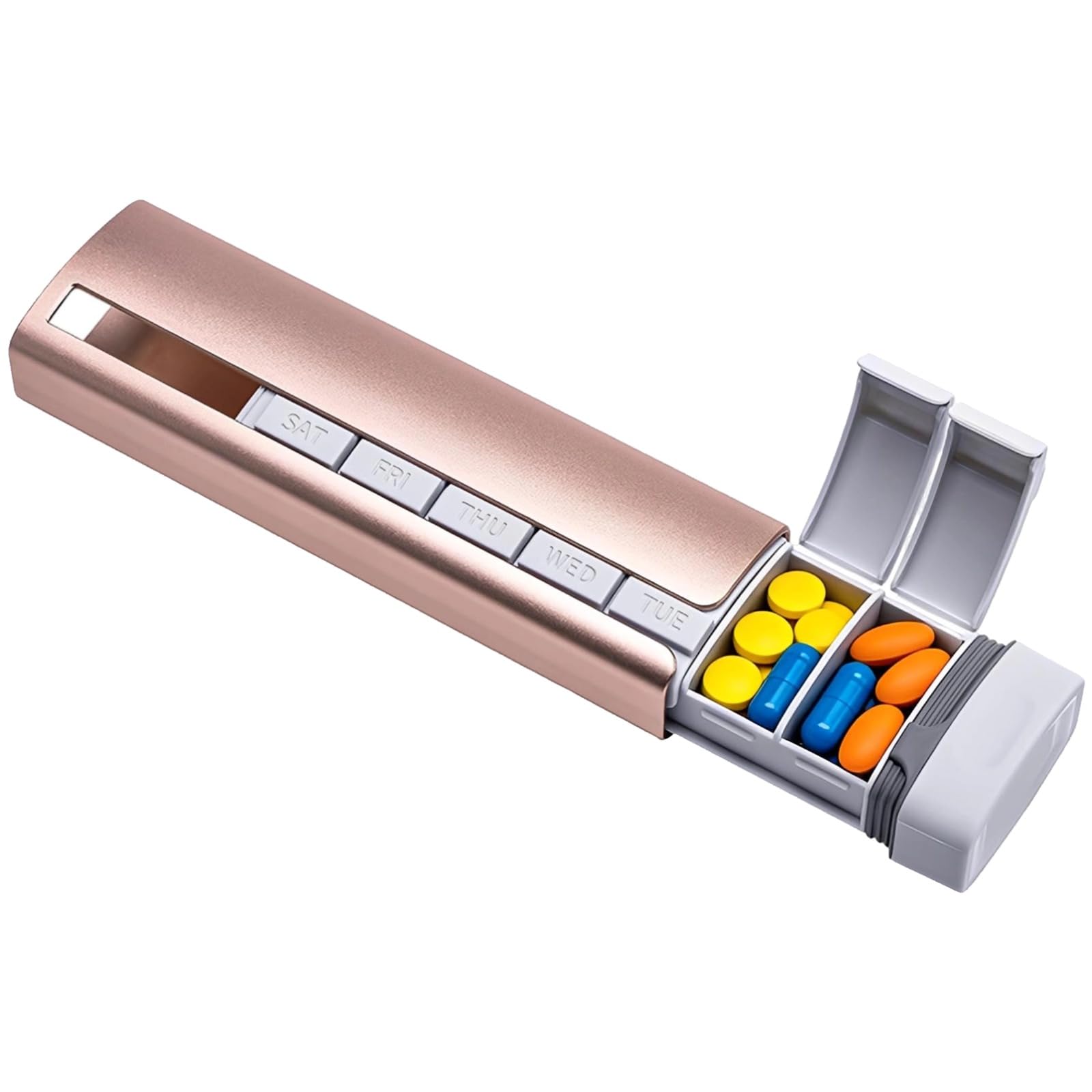 7-Tage Pillenbox, tragbarer Pillenorganizer aus Metall, Vitaminaufbewahrung mit 7 Fächern, Aluminiumlegierung wöchentlich, leicht zu öffnen, Reise-Pillendose, Pink