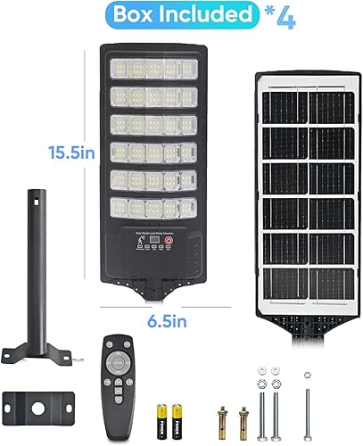 Miniatura 6 de Paquete de 4 farolas solares para exteriores, 30000 lúmenes, 6500 K, sensor de movimiento, impermeable, luz de inundación con control remoto,