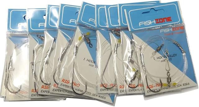 Fishzone RIG PRO SERIES - 1 Hook PULLEY RIG size 3/0 x 10 Packs of Single Type Commercial Quality - Single Hook - PULLEY Ready Tied Rigs - Ideal for Sea Surf Casting Fishing (80lb Main - 30lb Snood)