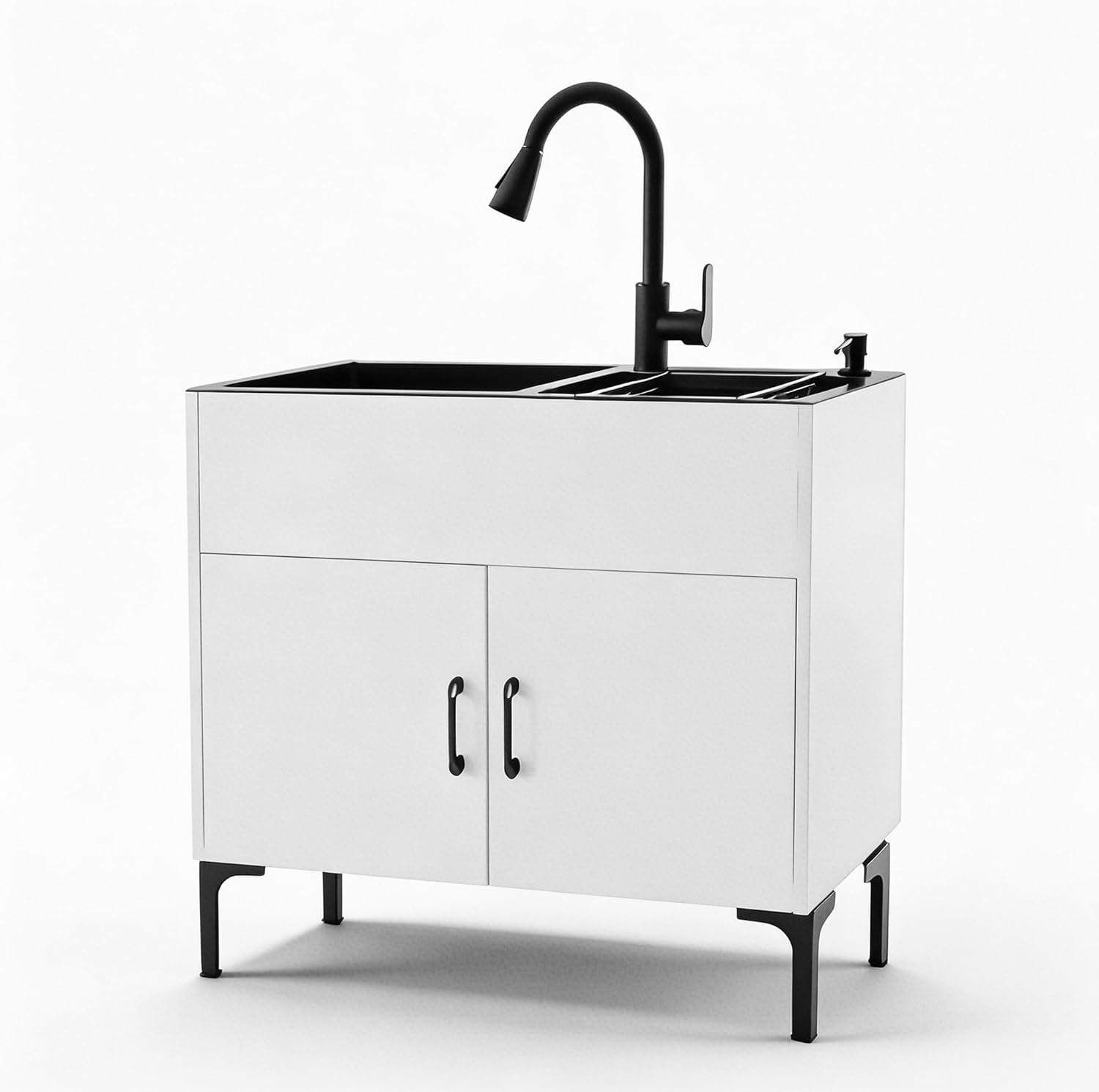 DYRABREST Freestanding Kitchen Sink with Cabinet, 32" Double Bowl Stainless Steel Laundry Utility Sink with Pull Out Faucet, Drain Board & Soap Dispenser for Kitchen, Garage, Basement, RV (white)