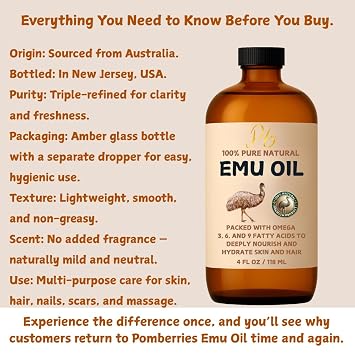 Pomberries Emu Oil, 100% Pure Australian Emu Oil for Skin, 4 fl oz