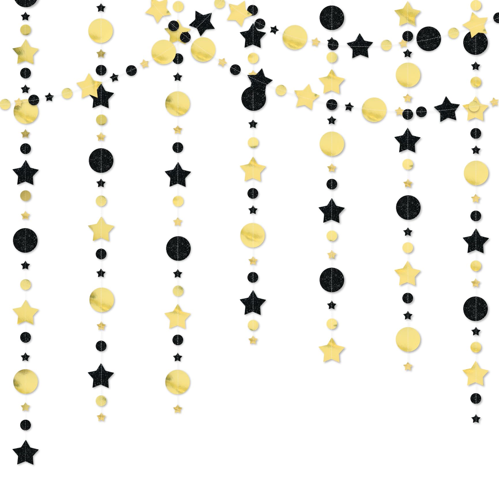 52Ft Black and Gold Party Decorations Circle Dots Star Garland Streamer Hanging Decorations for Graduation Birthday Wedding Backdrop