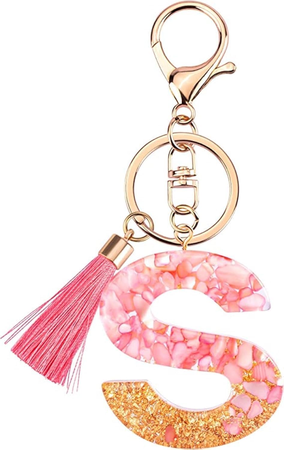 Pink and Gold Resin Alphabet Initial Letter Keychain, Bag Charm, Key Ring with Lobster Clasp