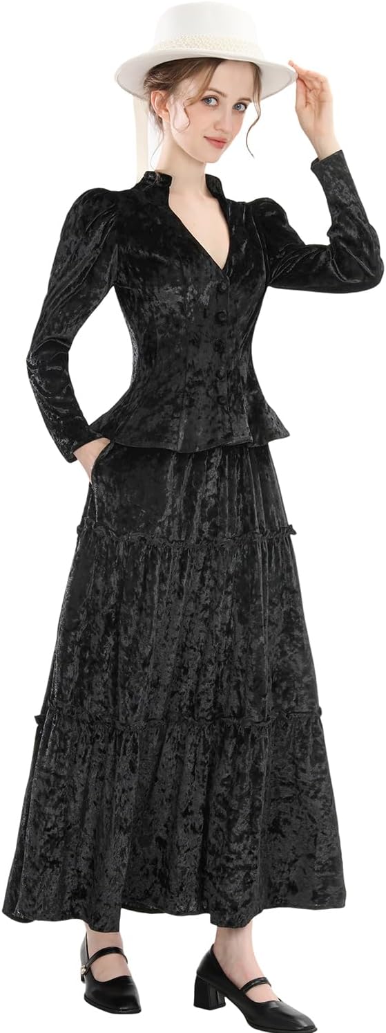 CR ROLECOS Black Victorian Dress for Women Long Sleeve Velvet Renaissance Edwardian Costume 2-piece - Image 4