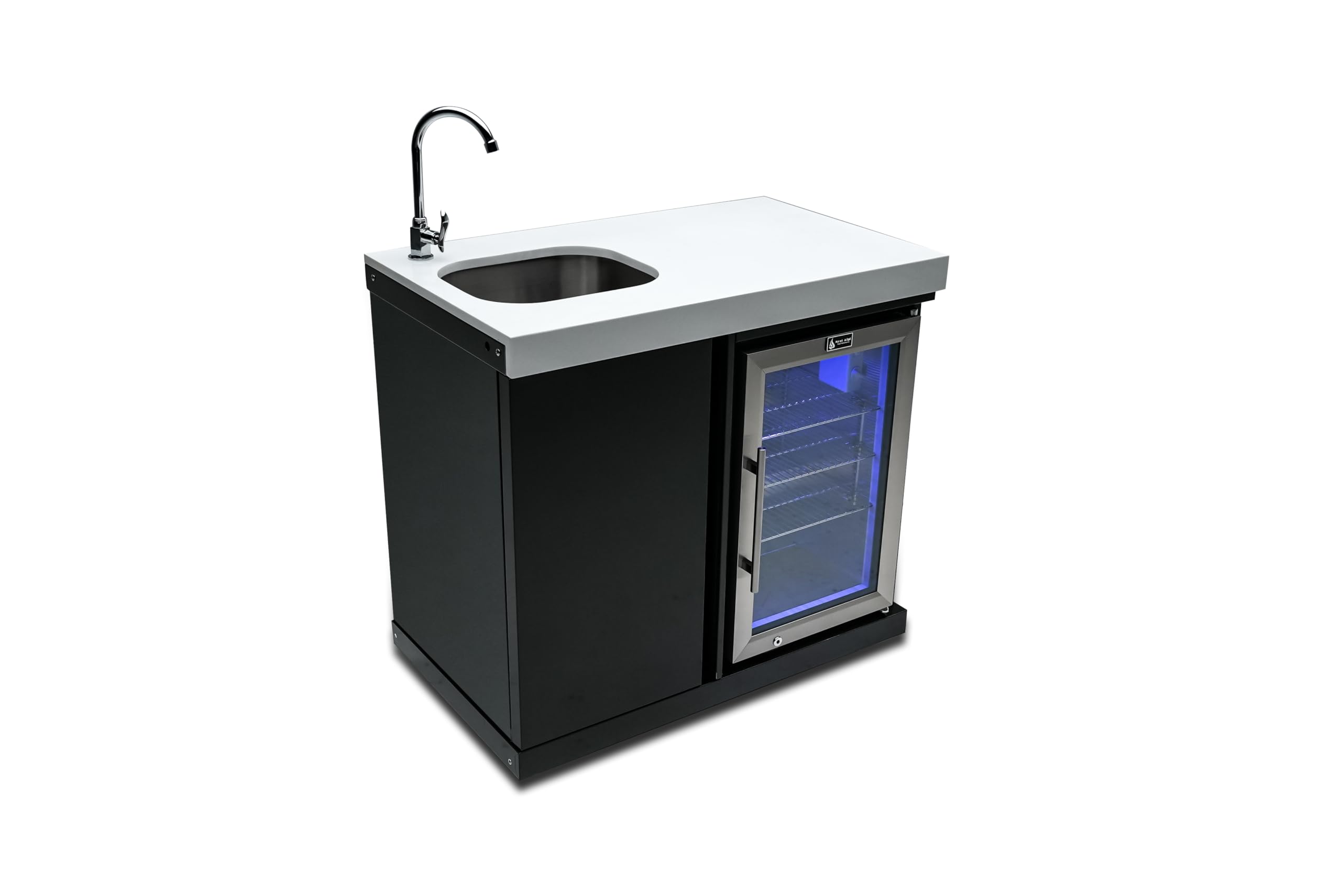 Mont Alpi Premium 38"W x 23"D x 46"H Black Stainless Steel Outdoor Beverage Center Module with 2.7 Cu. Ft. Glass Door Refrigerator + Faucet & Sink Combo + Storage Cabinet + White Granite Countertops on Fridge.com