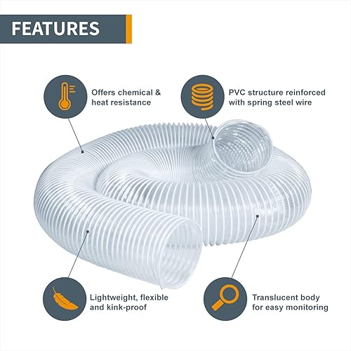 Miniatura 2 de POWERTEC Manguera de recogida de polvo de PVC de 2-1/2 pulgadas x 10 pies con 2 abrazaderas de manguera de acero inoxidable para sierra de mesa,