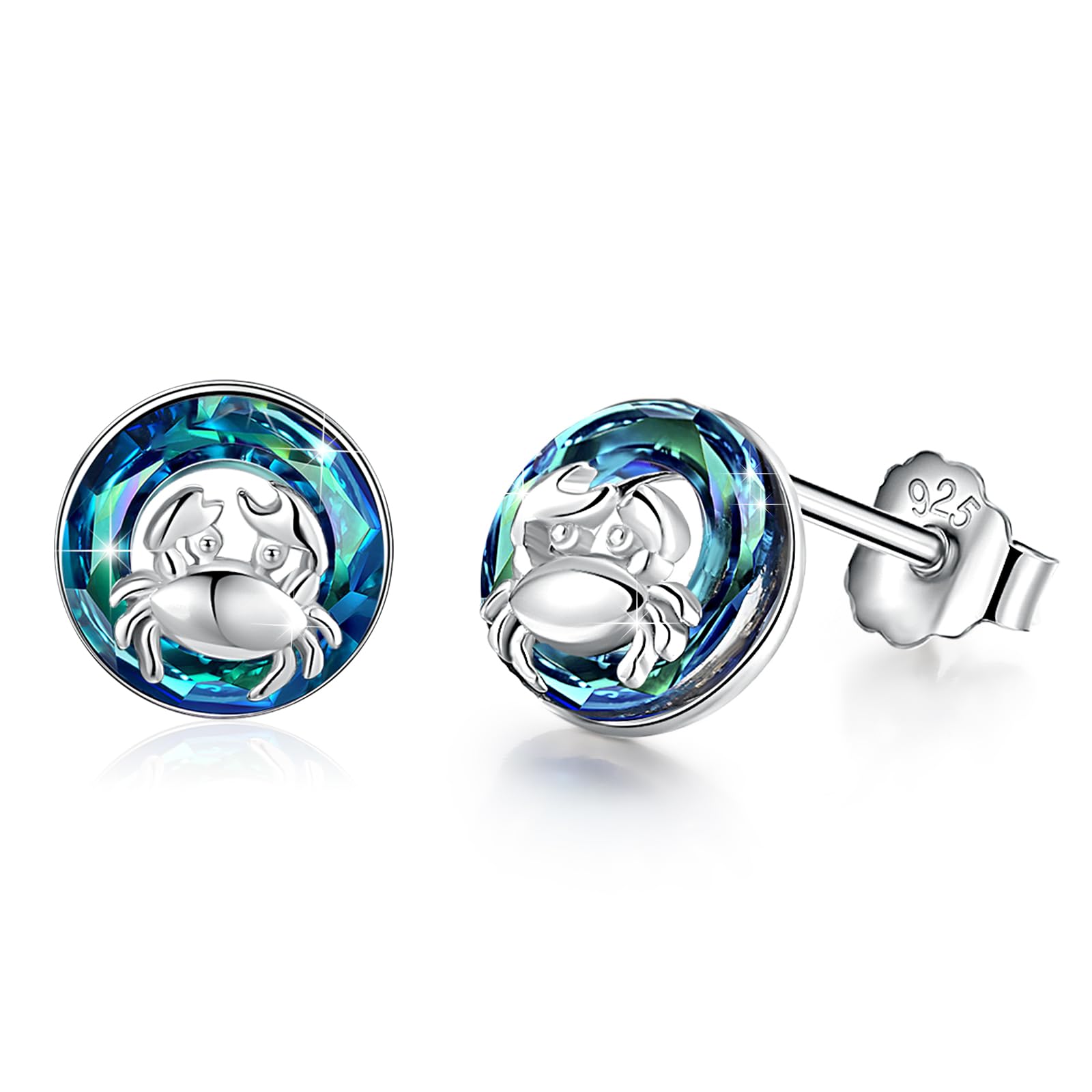 CUOKA MIRACLE Pendientes de cristal para niña, plata de ley 925, tortuga, tiburón, sirena, pulpo, caballito de mar, animales, pendientes para niñas, tortugas, joyas, regalos para mujeres y niños, Plata de ley