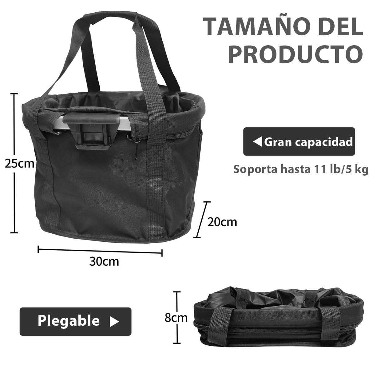 Cesta para Bicicleta, Canasta de Bicicleta Plegable, Cesta de Lona Frontal Desmontable de Bicicleta, Cesta de Tela Oxford para Porta Mascotas, Camping al Aire Libre, Picnic (Negro)