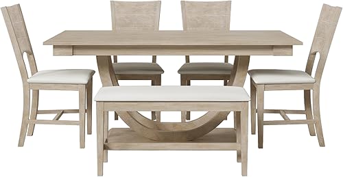 Miniatura 6 de Merax Juego de mesa de comedor de madera de 6 piezas con banco, juego de mesa de cocina con patas semicirculares, banco largo y 4 sillas de comedor,