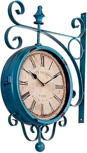 Reloj de pared de doble cara, diseño vintage de hierro forjado, impermeable y silencioso, reloj retro de patio de 2 caras para exteriores, jardín,