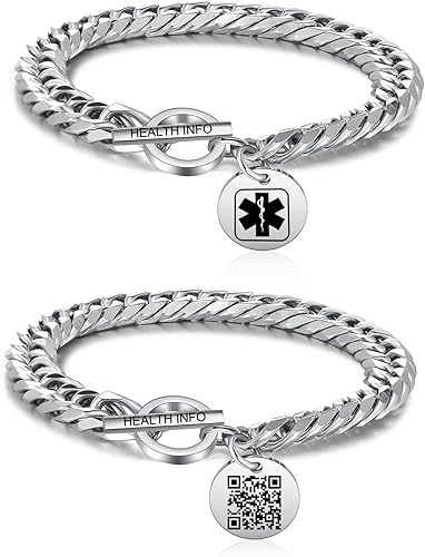 Pulseras de identificación médica con código QR mejoradas para mujeres, pulsera de alerta médica - Cadena de eslabones de 7'' 9'' de plata de ley -