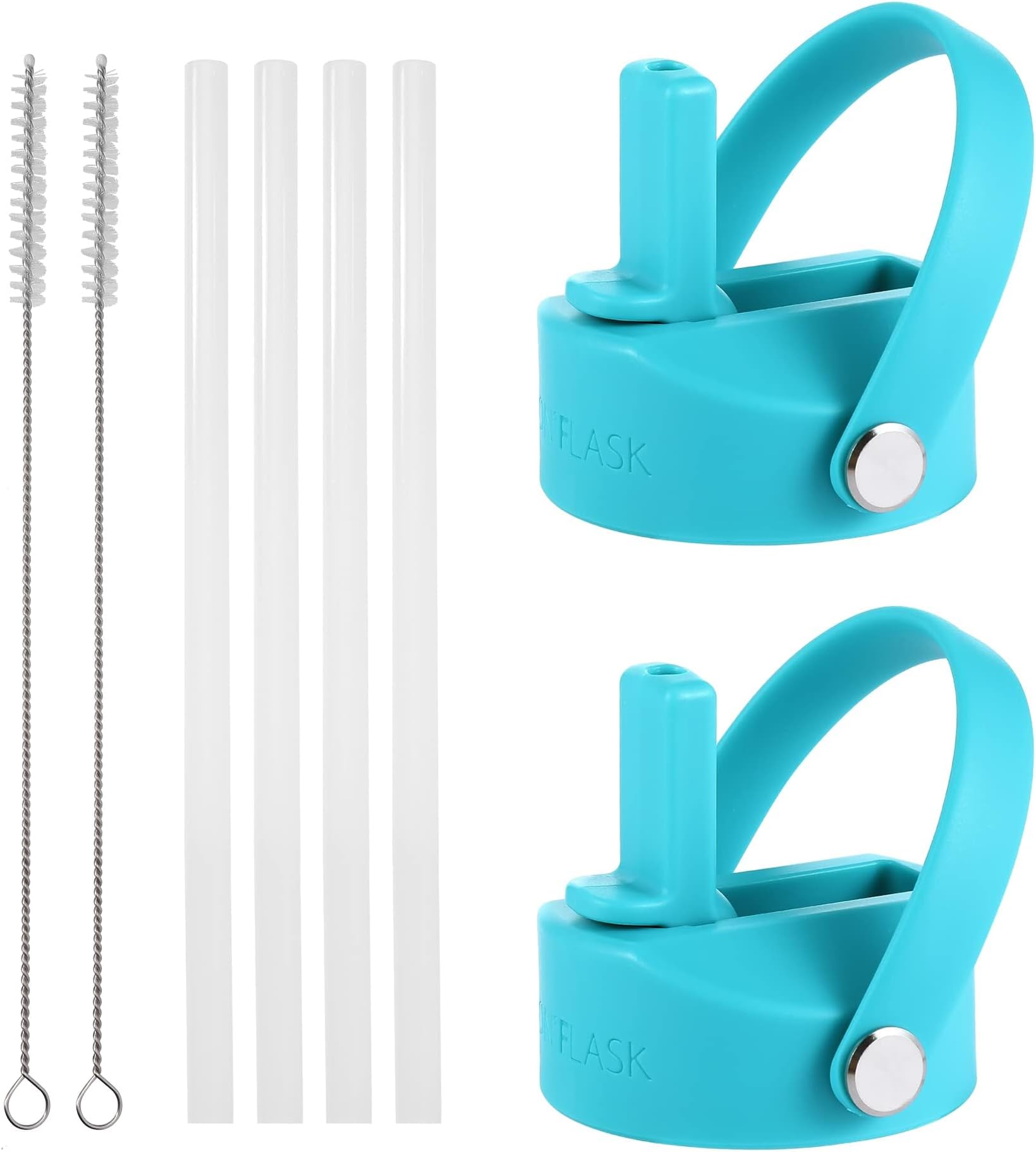 Flex Straw Lid for Wide Mouth Insulated Sports Water Bottles, Simple BPA Free, 2 Lids, 4 Straws, 2 Cleaning Brushes (Aquamarine)