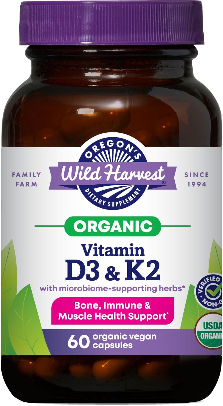 Oregon’s Wild Harvest Organic Vitamin D3 & K2 – Bone, Immune & Muscle Health Support – Vegan Capsules with Microbiome-Supporting Herbs, Aquamin® Trace Minerals, USDA Organic, 60 Ct