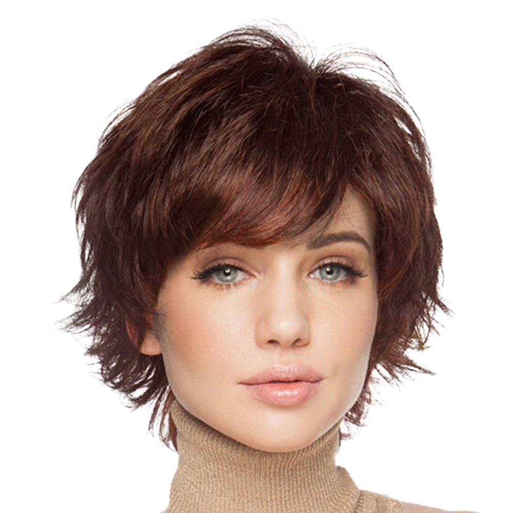 HAIRCUBE Pixie Cut Perücke Menschenhaar für Frauen Kurzes Haar mit Bangs Natürlich (Braunrot)