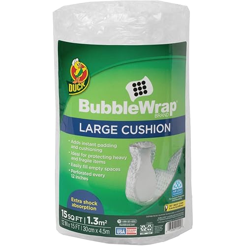 Duck Brand Large Bubble Wrap Roll, 5/16" Bubble Cushioning Wrap for Extra Protection Packing, Shipping, and Moving, Perforated Every 12", 12" x 15' (1304499)