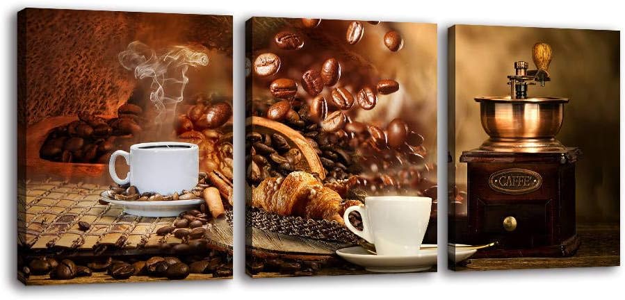 Kitchen Canvas Wall Art for Dining Room - Coffee Themed Prints With Bean, Cup, and Machine Decor for Wall Decorations