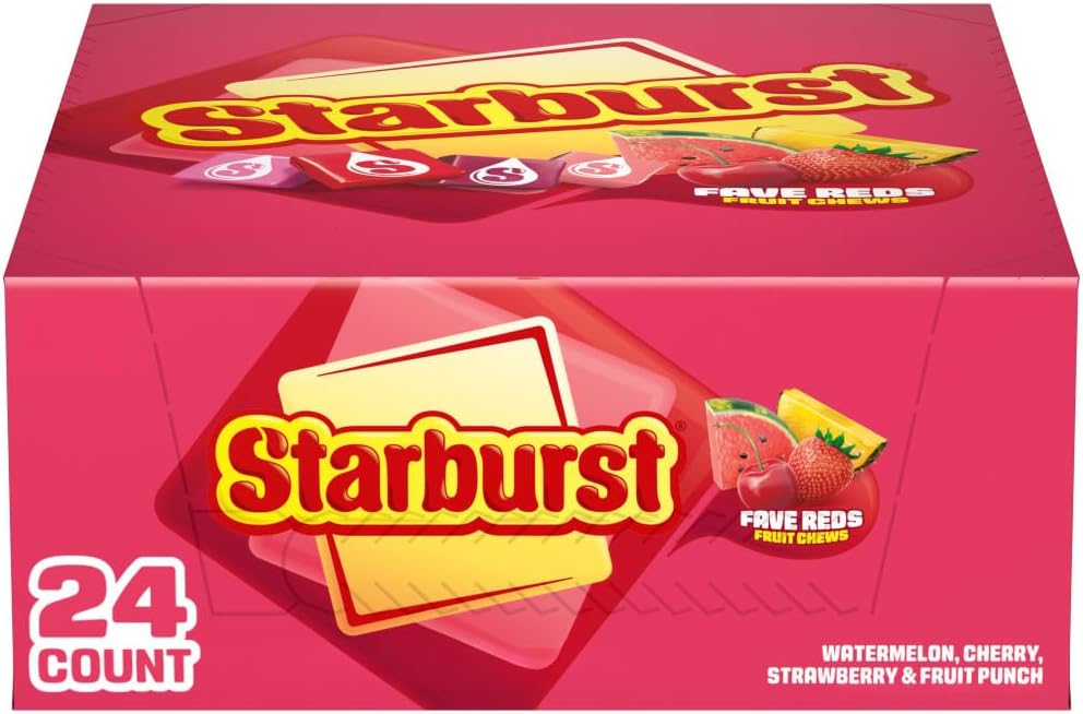 STARBURST FaveREDS Chewy Candy Bulk Pack, 24 Full Size Packs, Red Candy Bulk Box