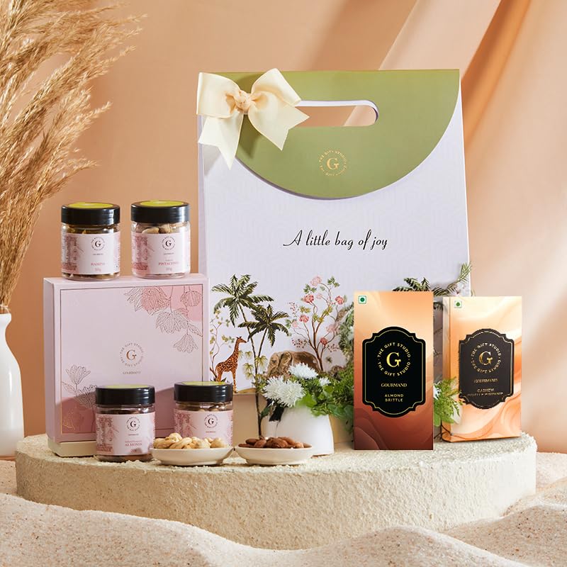 THE GIFT STUDIO.COM Crunchy Treat Gift Bag Almond Brittle, Cashew Brittle & Happiness Dry Fruit Box,Premium Nuts & Brittle Gift Set with Bag of Joy Ready-to-Gift Hamper for Festive & Special Occasions