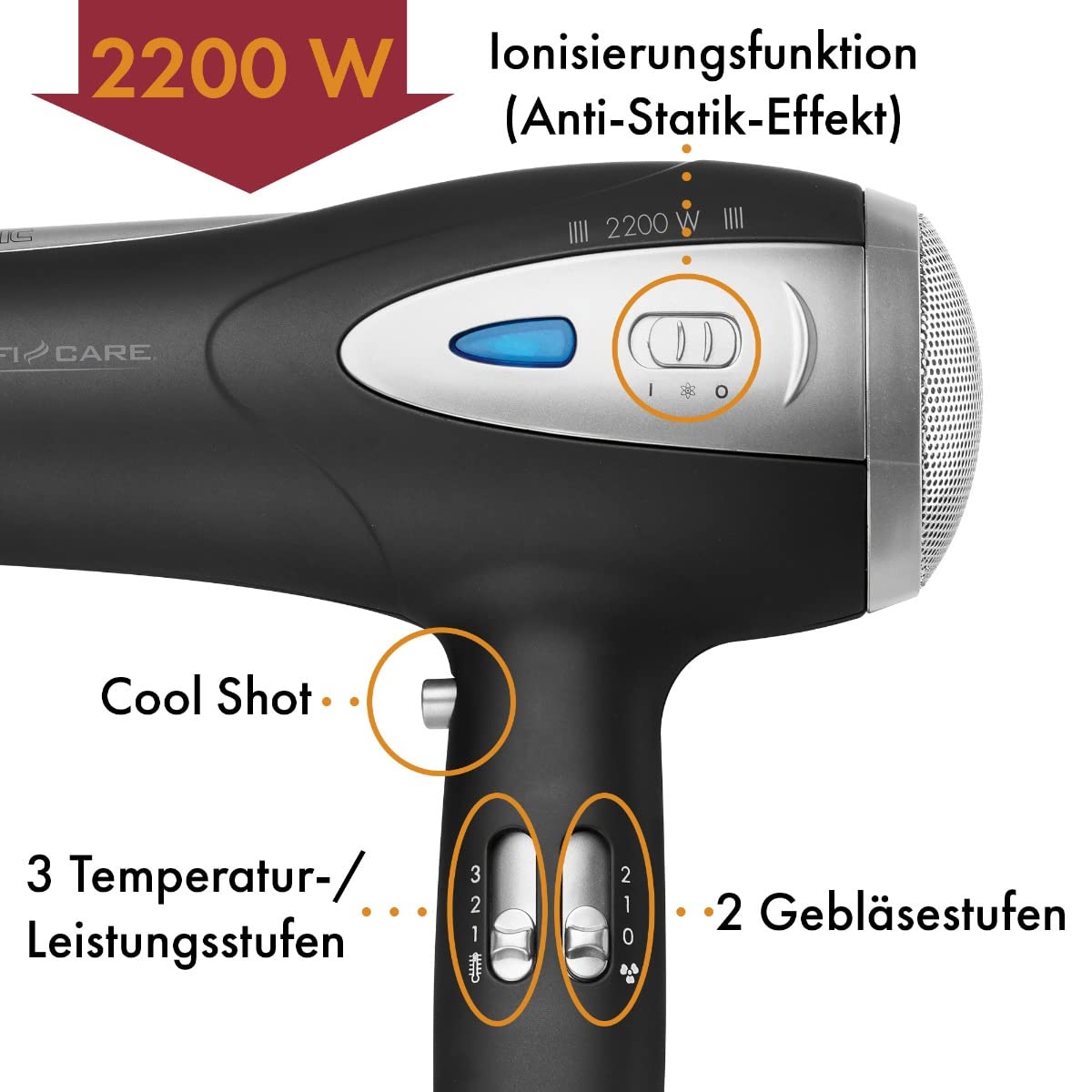 ProfiCare® Suszarka do włosów z funkcją jonizacji 2200 W | bardzo lekka suszarka podróżna 3 poziomy mocy i 2 stopnie nawiewu | suszarka do włosów w zestawie Cool-Shot | suszarka z dyfuzorem i dyszą
