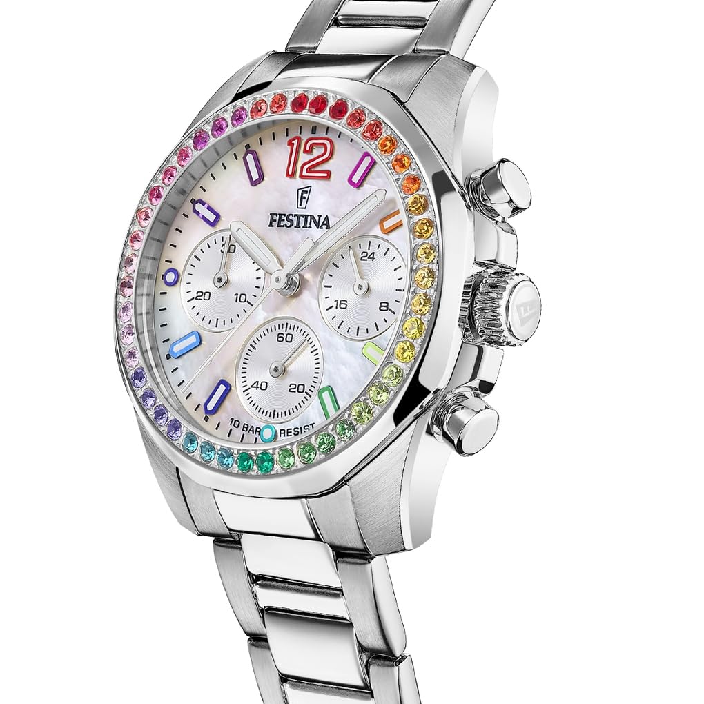Festina Reloj Mujer Analógico de Acero Inoxidable 316l Plateado - Movimiento de Cuarzo Cronógrafo - Cristal Mineral de Alta Resistencia - Resistente al Agua 10 ATM F20606 - Boyfriend Collection