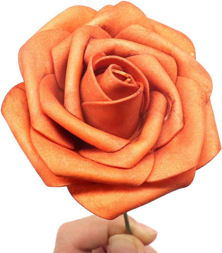 50pcs Artificial Flower，Real Touch Artificial Foam Roses Decoration DIY for Wedding Bridesmaid Bridal Bouquet Centerpieces Party(50, Burnt Orange-boxpack)