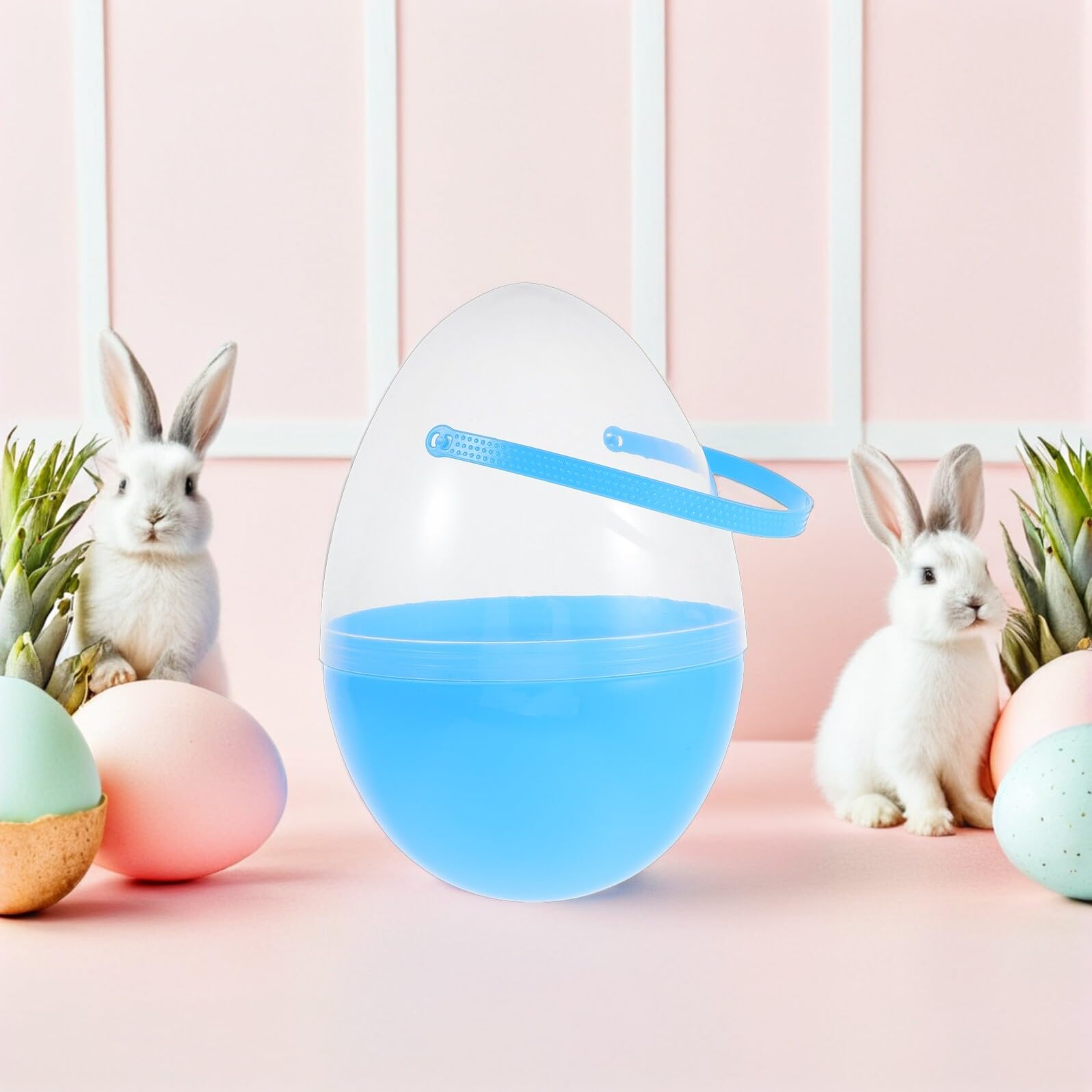 Lot de 3 Œufs de Pâques Géants 25 Cm à Remplir avec Poignée Plastique Léger Transparent Bleu Œufs Creux Décoration DIY et Panier de Pâques