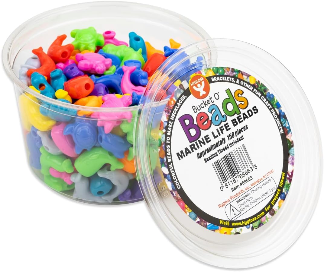 Hygloss Marine Shaped Beads Plastic Ocean Life Animal Pony Bead Charms - 300 Pcs Colorful Craft Beads - Fish Design for Kids DIY Craft Jewelry Making Necklace Bracelet Supplies - Resealable Bag