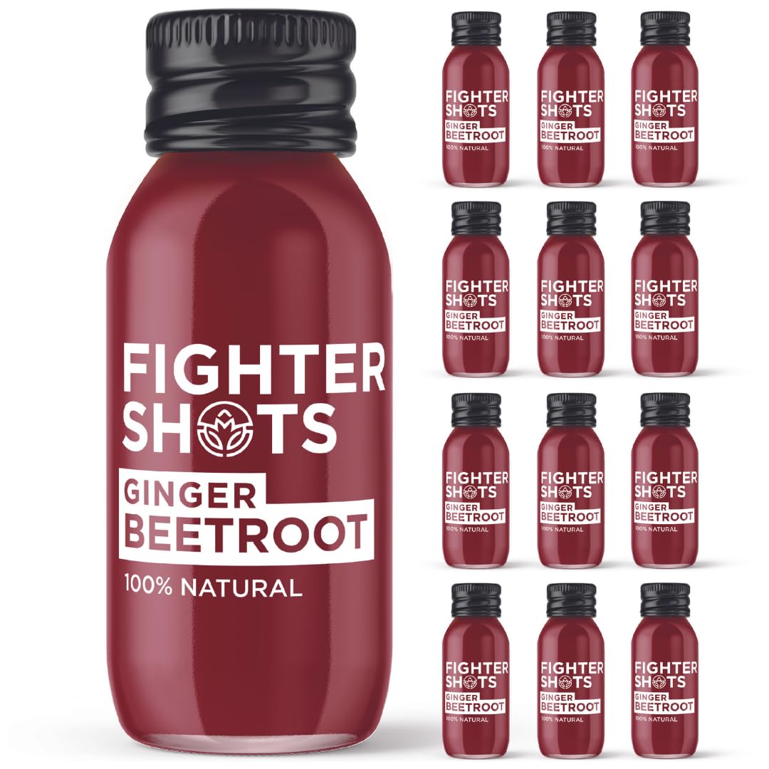 Fighter Shots Ingwer + Rote Beete (12x60ml) | 100% Natürlich | Morgen/Post Workout Muntermacher | Keine Konservierungsstoffe | Frische & Feurige Rote Beete und Ingwer Shots