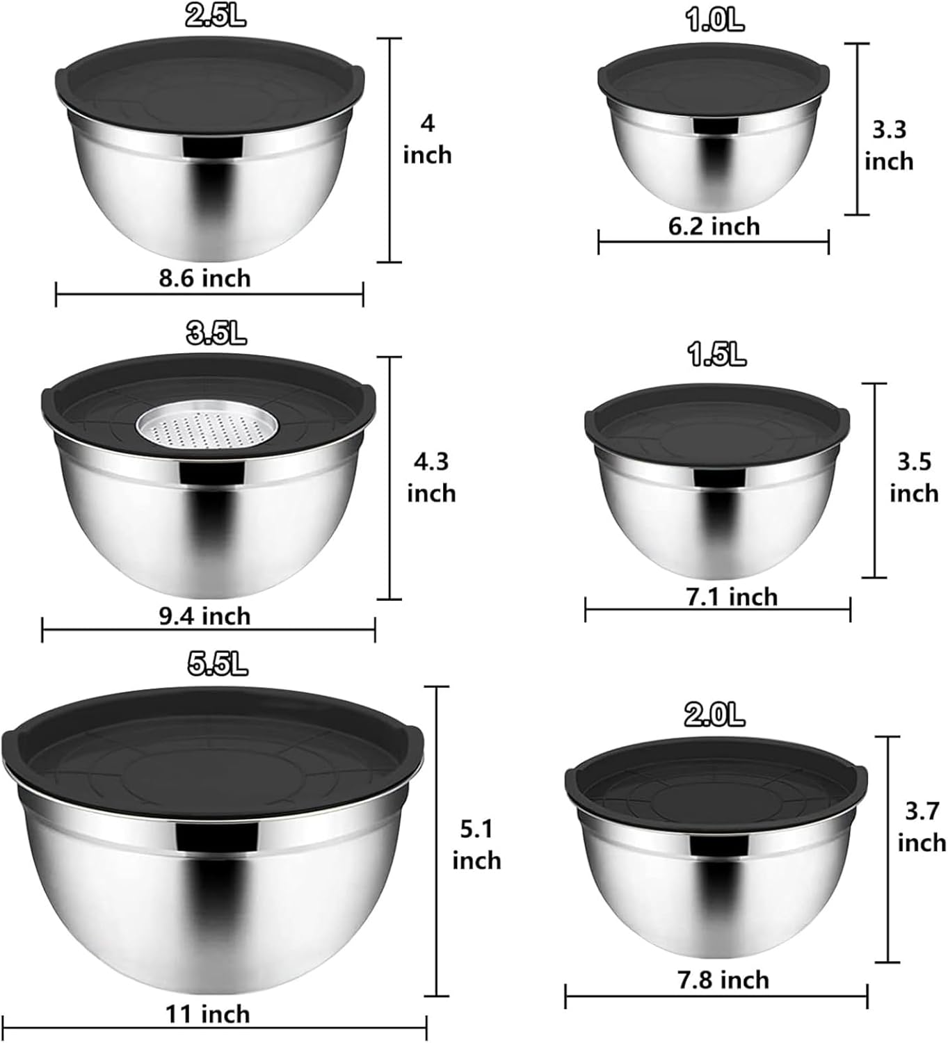 Menbyci 6 Pcs Mixing Bowls with Lids,Stainless Steel Mixing Bowls with 3 Grater Attachments,Kitchen Utensils,Mixing Bowl Set for Kitchen Mixing Baking Prepping Cooking Serving,Black